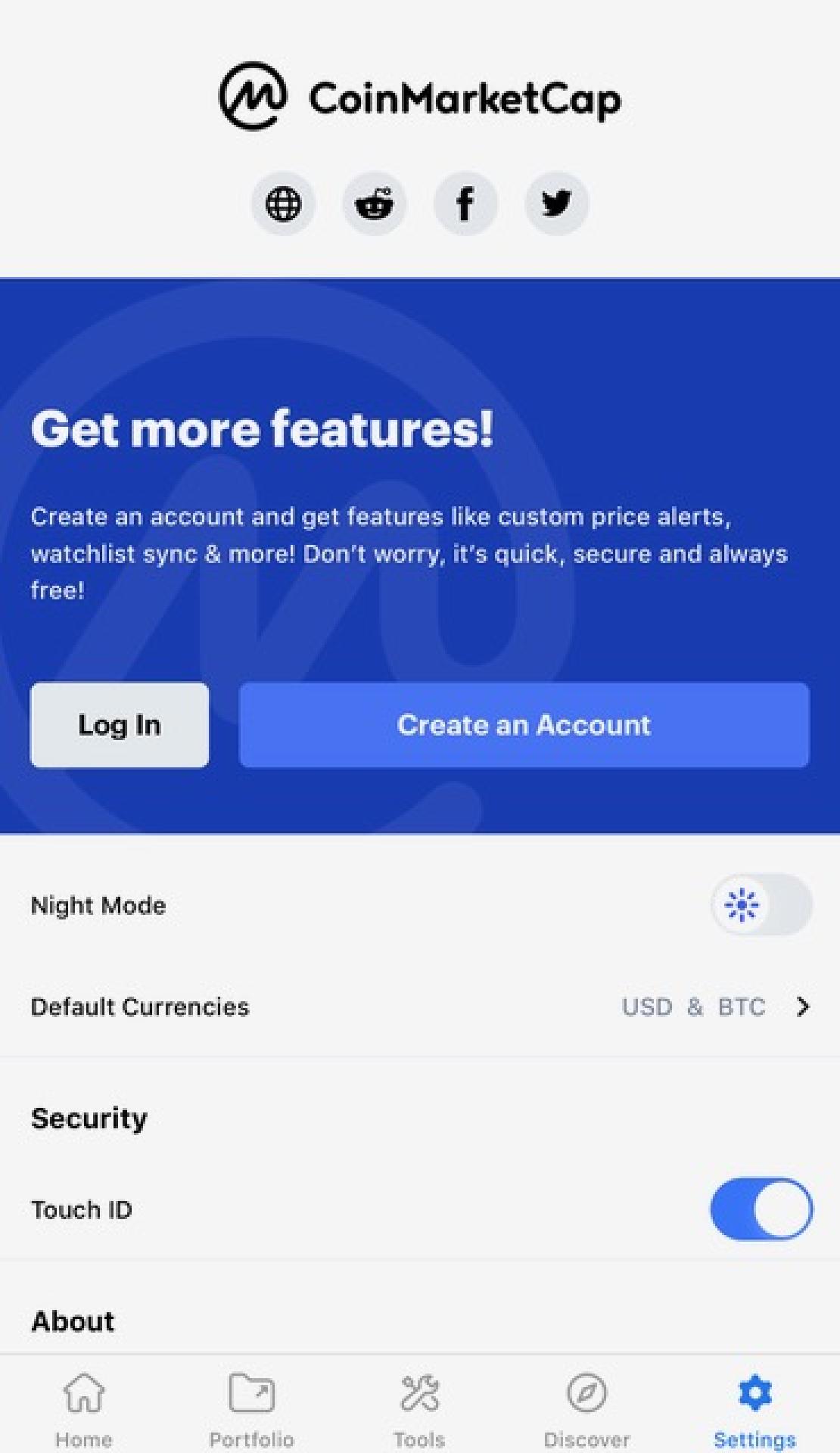Settings/beállítások menüpont a coinmarketcap applikációban. 
